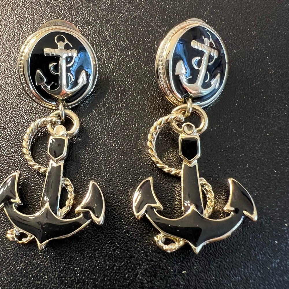 Blue Enamel Dangle Drop Pierced Gold Tone Anchor Sea Nautical Earring 🔥3 for 25